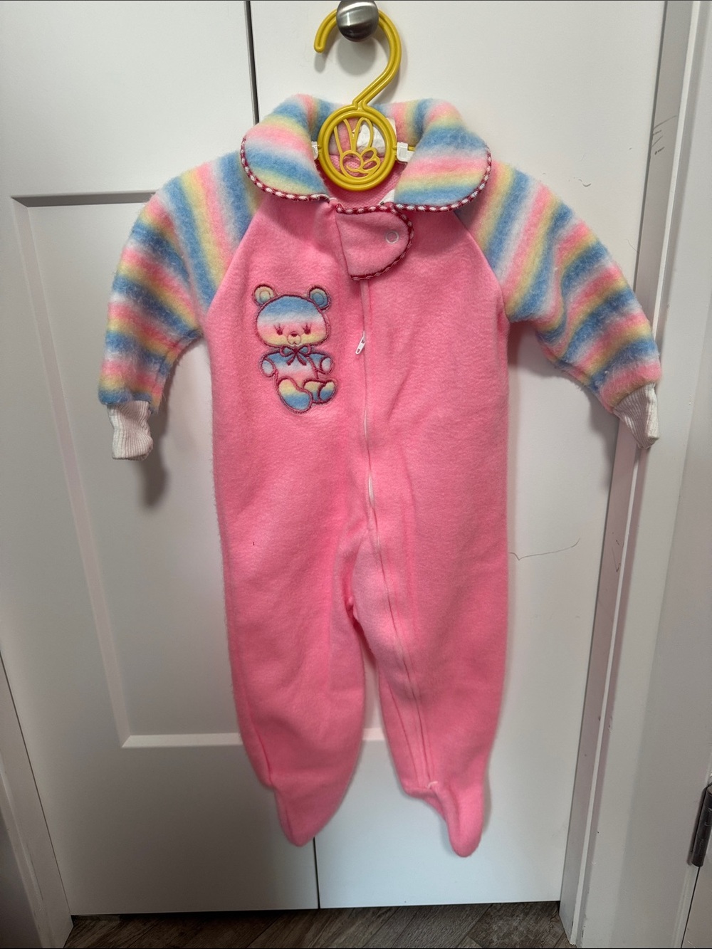 Vintage Pink Footed Baby One-Piece with Rainbow Sleeves
